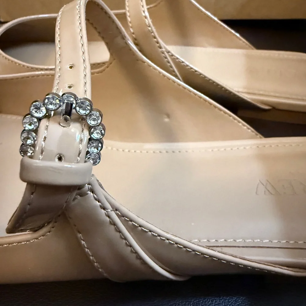 J. Crew Beige Patent Leather Mules with Rhinestone Buckle - Picture 3 of 7